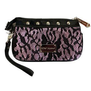 Betsey Johnson Purple & Black Lace Look Studded Clutch Wristlet